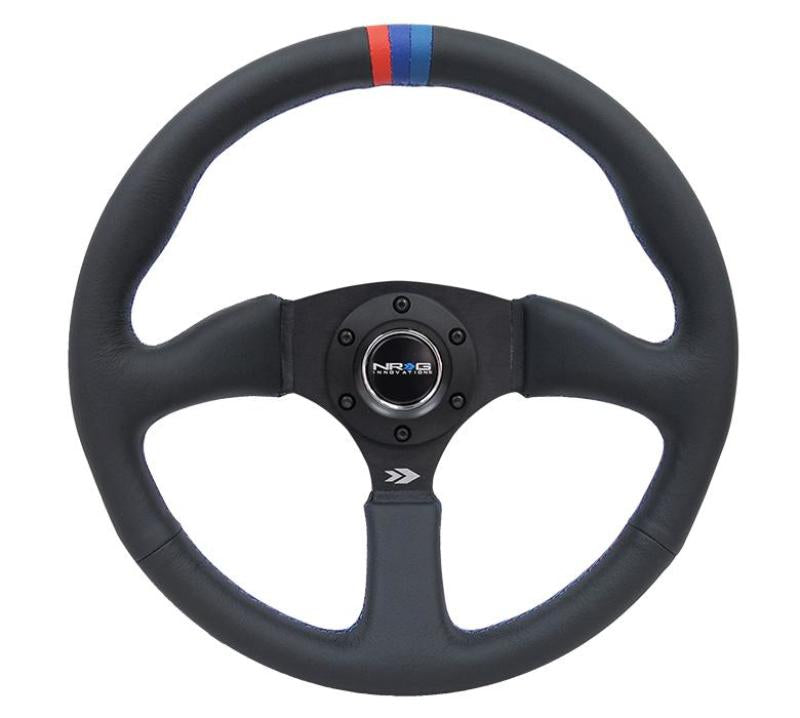 NRG Reinforced Steering Wheel (350mm / 2.5in Deep) Blk Leather w/M3 stitch Matte Blk 3-Spoke Center RST-023MB-R-M3