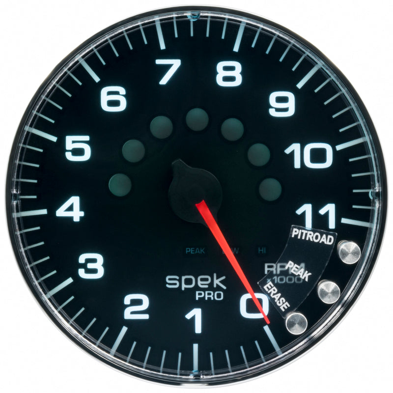 Autometer Spek-Pro Gauge Tachometer 5in 11K Rpm W/Shift Light & Peak Mem Black/Chrome P239318