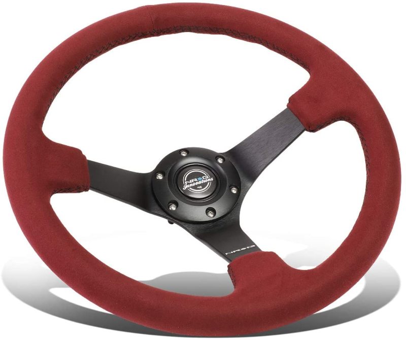 NRG Reinforced Steering Wheel (350mm/ 3in. Deep) Black Spoke/ Burgundy Alcantara w/ Black Stitch RST-036MB-BUA