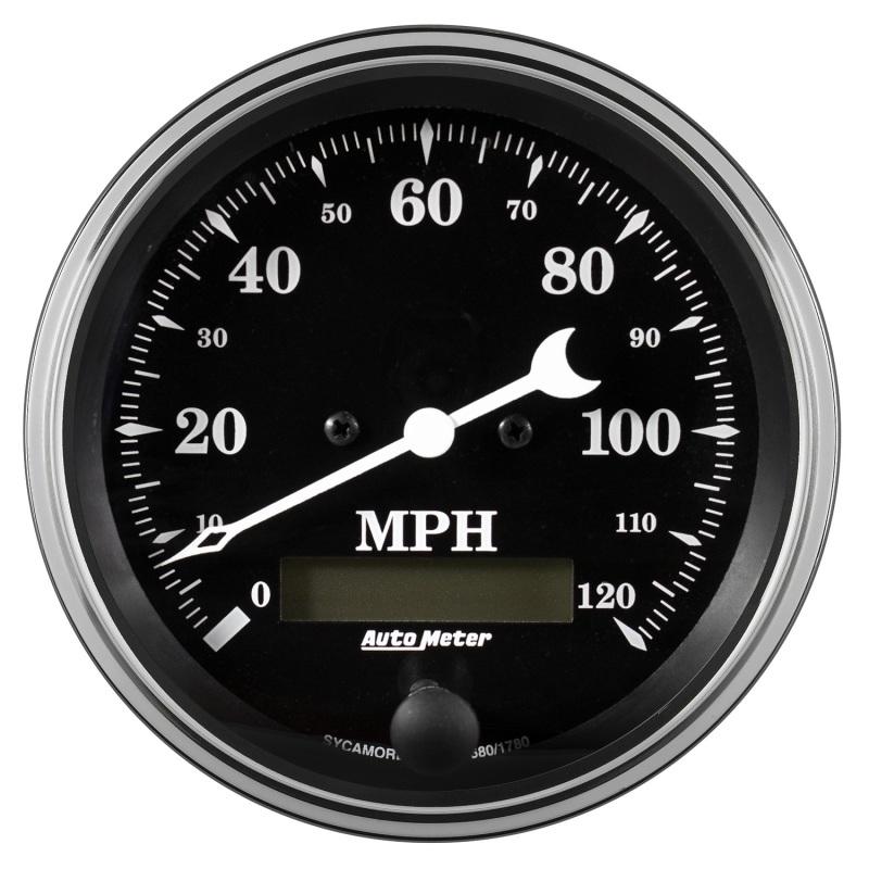 Auto Meter Gauge Speedo. 3 3/8in 120mph Elec. Prog. w/ LCD Odo Old Tyme Black 1780 Main Image