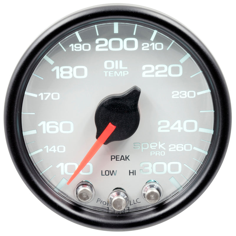 Autometer Spek-Pro Gauge Oil Temp 2 1/16in 300f Stepper Motor W/Peak & Warn Wht/Blk P32212