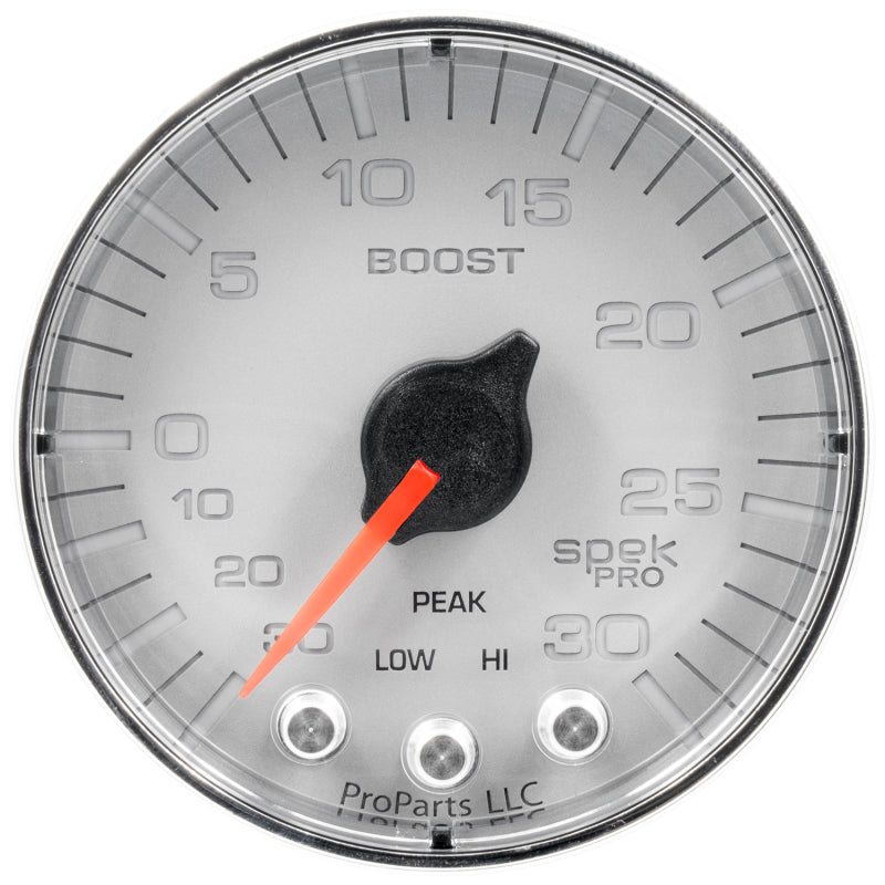 Autometer Spek-Pro Gauge Vac/Boost 2 1/16in 30Inhg-30psi Stepper Motor W/Peak & WarnSilver/Chrome P302218