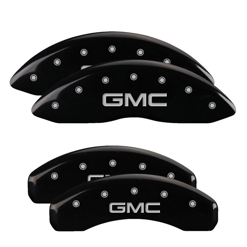 MGP 4 Caliper Covers Engraved Front & Rear GMC Black Finish Silver Char 2019 GMC Sierra 1500 34217SGMCBK Main Image