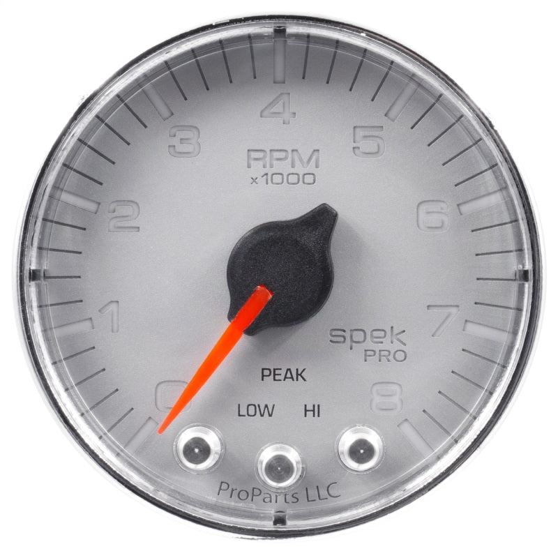 Autometer Spek-Pro Gauge Tach 2 1/16in 8K Rpm W/ Shift Light & Peak Mem Slvr/Chrm P334218