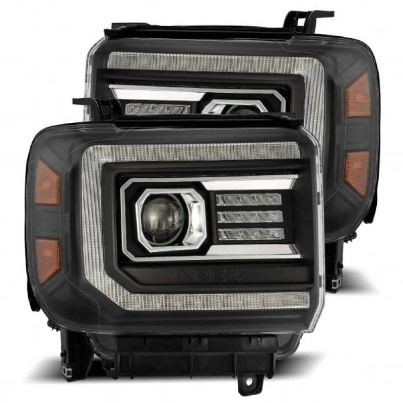 AlphaRex 14-18 GMC Sierra LUXX LED Proj Headlights Plank Style Black w/Activ Light/Seq Signal/DRL 880615