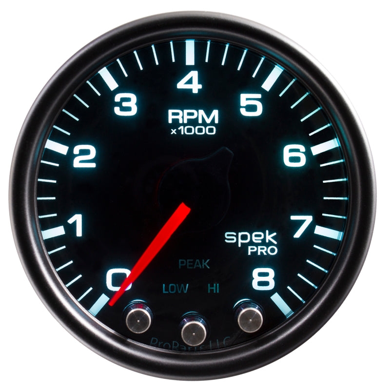 Autometer Spek-Pro Gauge Tach 2 1/16in 8K Rpm W/ Shift Light & Peak Mem Blk/Smoke/Blk P33452