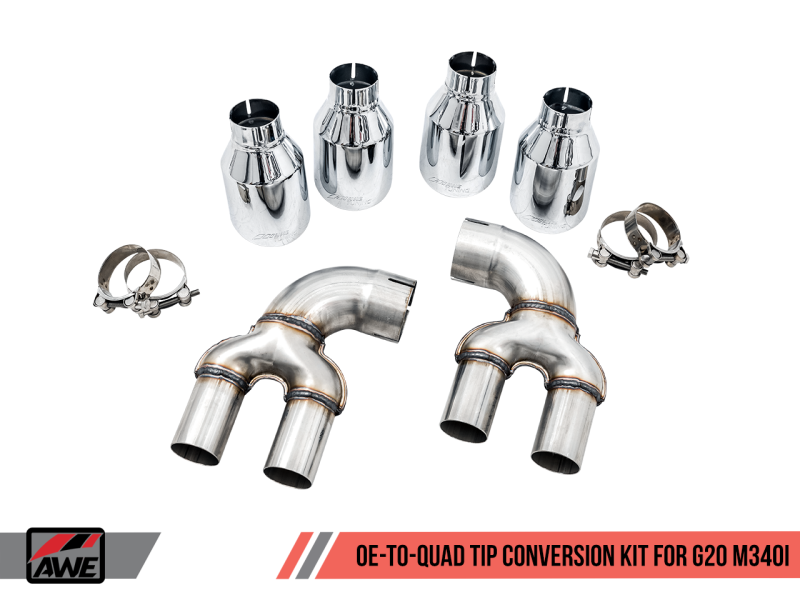 AWE Tuning 2019+ BMW M340i (G20) OE-Config-To-Quad Tip Conversion Kit - Chrome Silver Tip 3810-42018