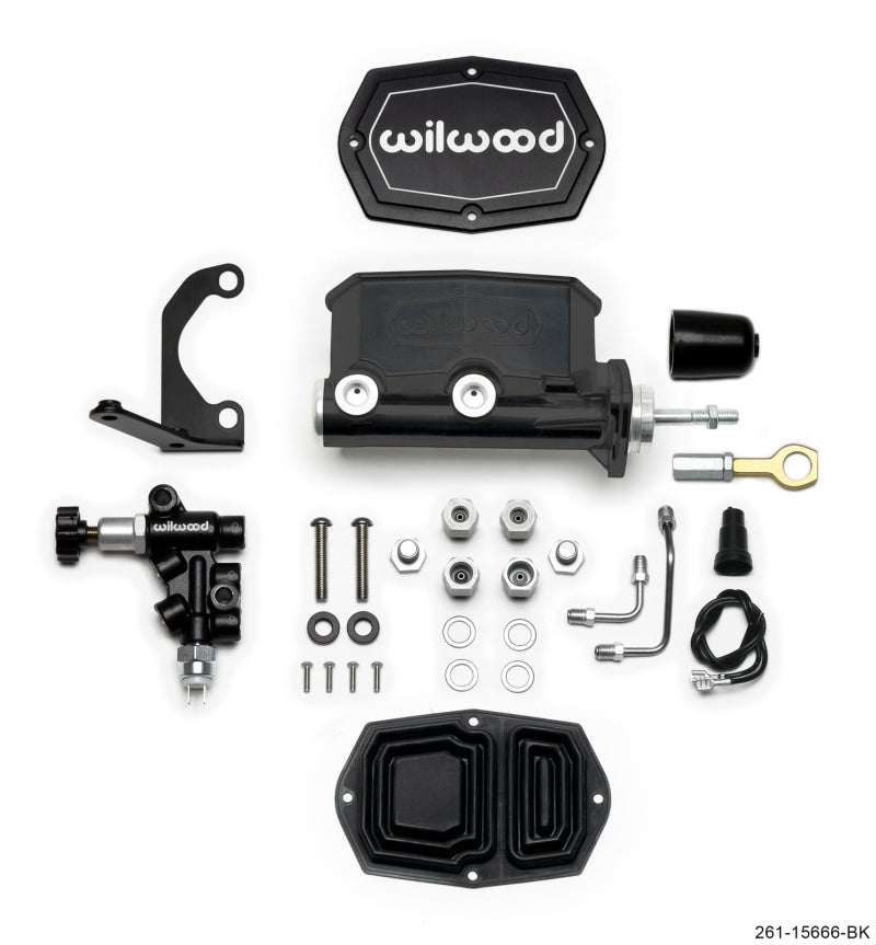 Wilwood Compact Tandem M/C - 1.12in Bore w/RH Bracket and Valve (Mustang Pushrod) - Black 261-15666-BK