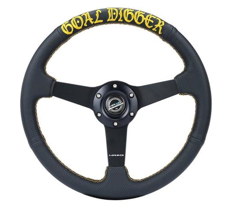 NRG Sport Steering Wheel (350mm / 1.5in Deep) Black Leather/Gold Stitch w/Matte Black Solid Spokes RST-037MB-PR-GD