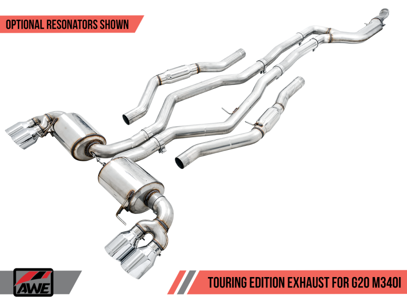 AWE Tuning 2019+ BMW M340i (G20) Resonated Touring Edition Exhaust - Quad Chrome Silver Tips 3015-42150