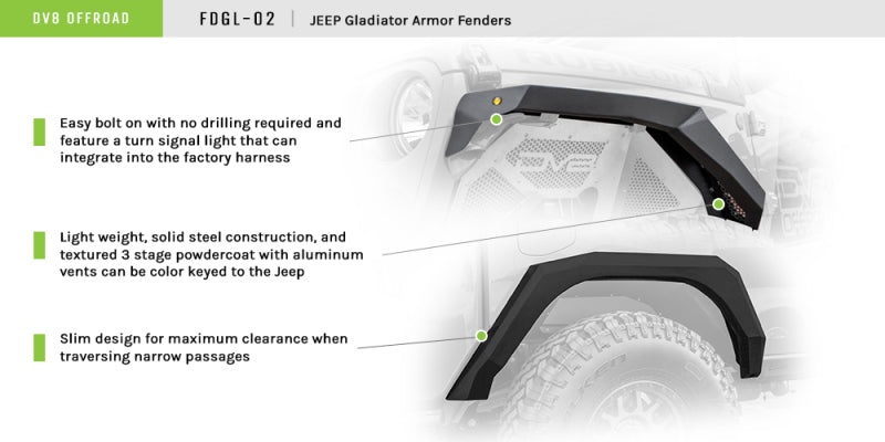 DV8 Offroad 2019+ Jeep Gladiator Armor Fenders FDGL-02