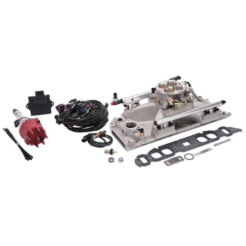 Edelbrock Pro Flo 4 Fuel Injection Kit Sequent Port BBC Oval 625 Max HP 35 LbHr Inj Satin w/o Tablet 358300 Main Image