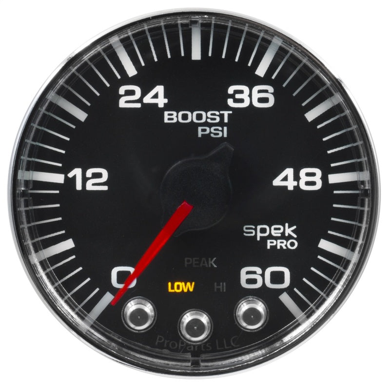 Autometer Spek-Pro Gauge Boost 2 1/16in 60psi Stepper Motor W/Peak & Warn Blk/Chrm P304318