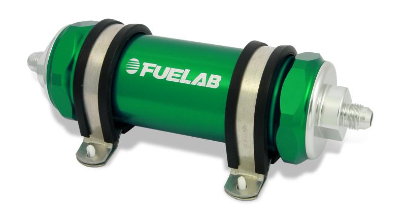 Fuelab 828 In-Line Fuel Filter Long -10AN In/-8AN Out 10 Micron Fabric - Green 82800-6-10-8 Main Image