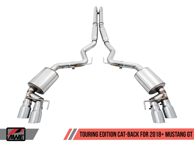 AWE Tuning 2018+ Ford Mustang GT (S550) Cat-back Exhaust - Touring Edition (Quad Chrome Silver Tips) 3015-42102