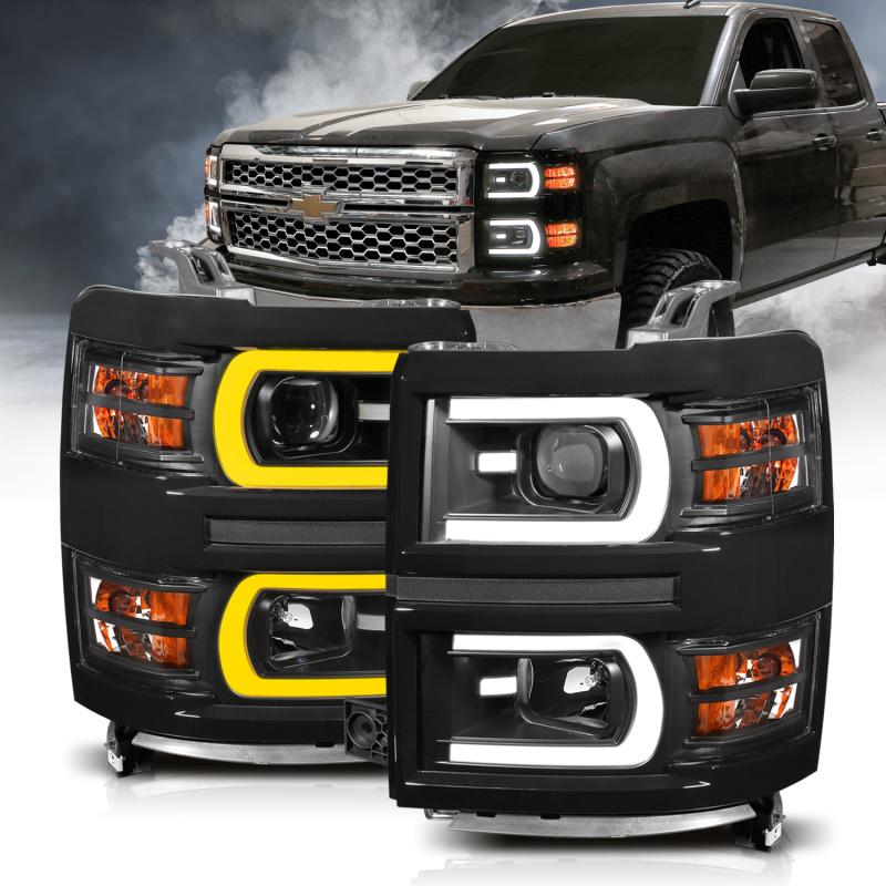 ANZO 14-15 Chevrolet Silverado 1500 Projector Headlights w/ Plank Style Switchback Black w/ Amber 111412 Main Image