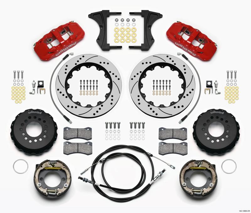 Wilwood AERO4 Rear Kit 14.00 Drilled Red 2005-2014 Mustang w/ BMR Suspn. w/Lines 140-13686-DR Main Image