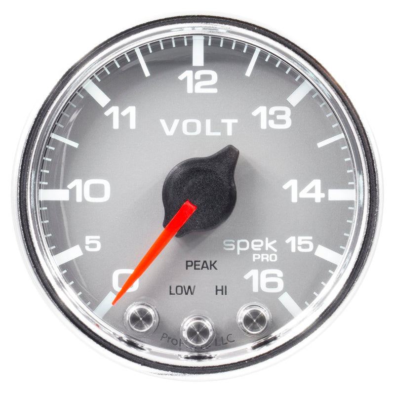 Autometer Spek-Pro Gauge Voltmeter 2 1/16in 16V Stepper Motor W/Peak & Warn Slvr/Chrm P34421