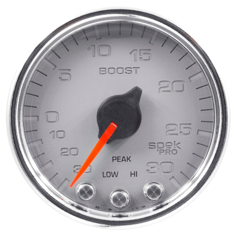 Autometer Spek-Pro Gauge Vac/Boost 2 1/16in 30Inhg-30psi Stepper Motor W/Peak & WarnSilver/Chrome P30221