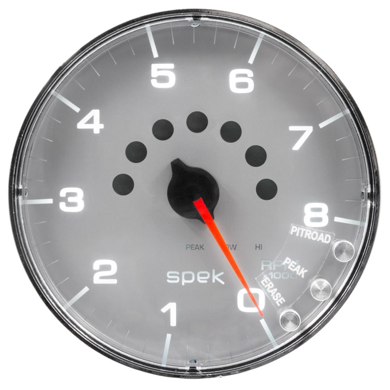 Autometer Spek-Pro Gauge Tachometer 5in 8K Rpm W/Shift Light & Peak Mem Silver/Chrome P238218