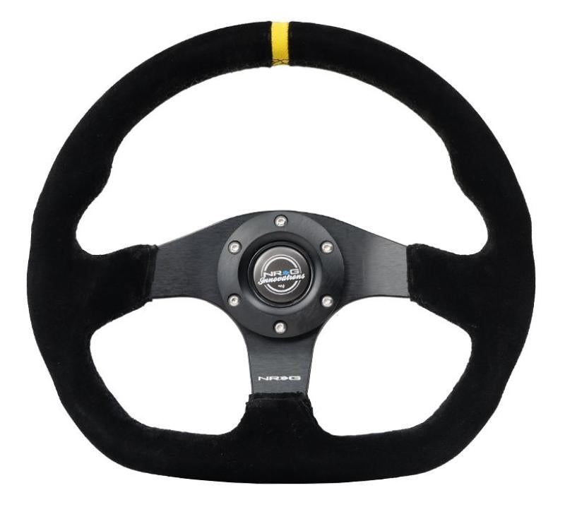 NRG Reinforced Steering Wheel (320mm) Sport Suede Dual Push Buttons Flat Bottom w/ Yellow Center RST-024D-MB-S-Y