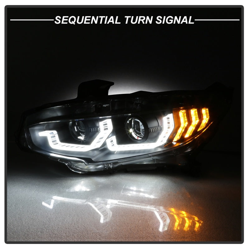 Spyder 16-18 Honda Civic 4Dr w/LED Seq Turn Sig Lights Proj Headlight - Black - PRO-YD-HC16-SEQ-BK 5086099