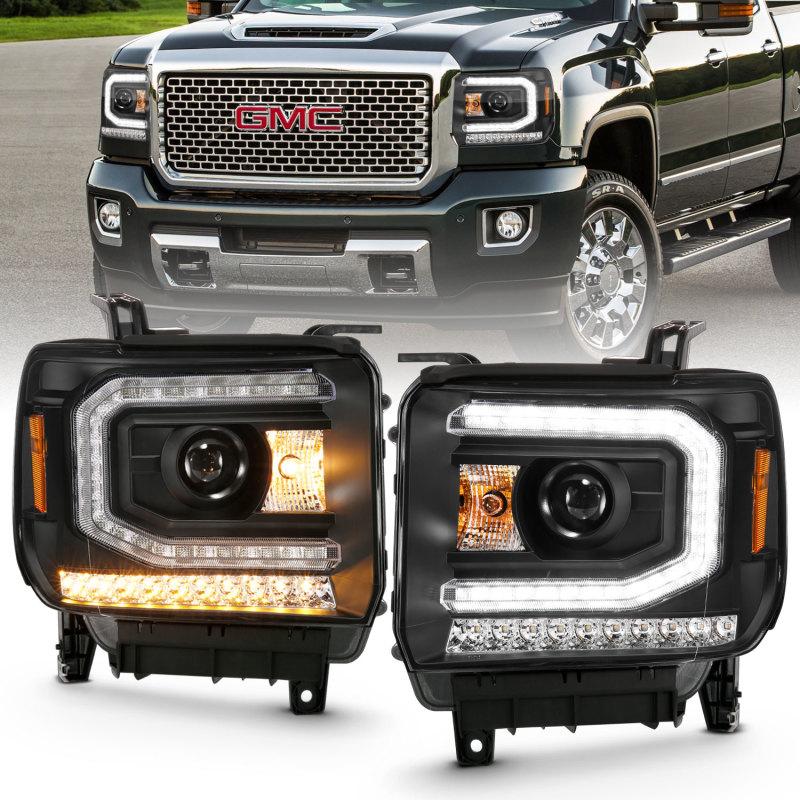 ANZO 2016-2019 Gmc Sierra 1500 Projector Headlight Plank Style Black w/ Sequential Amber Signal 111485 Main Image