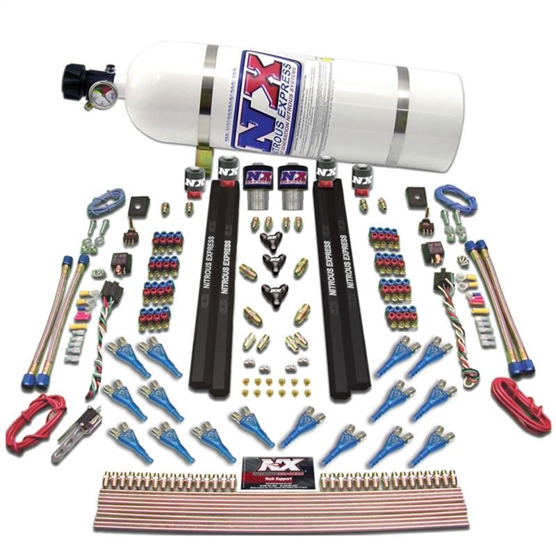 Nitrous Express Shark Dual Stage/Gas/Rails 16 Nozzles Nitrous Kit (200-1200HP) w/10lb Bottle 90208-10 Main Image