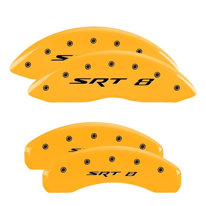 MGP 4 Caliper Covers Engraved Front & Rear 11-18 Jeep Grand Cherokee Yellow Finish Black SRT-8 Logo 42020SSR8YL Main Image