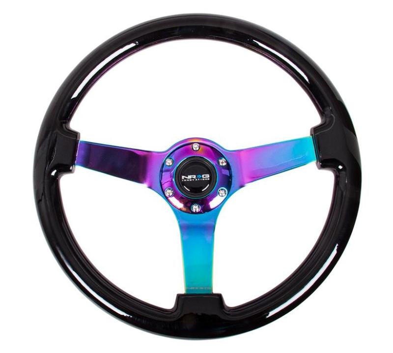 NRG Reinforced Steering Wheel (350mm / 3in Deep) Classic Blk Wood Grain w/Neochrome 3-Spoke Center RST-036BK-MC