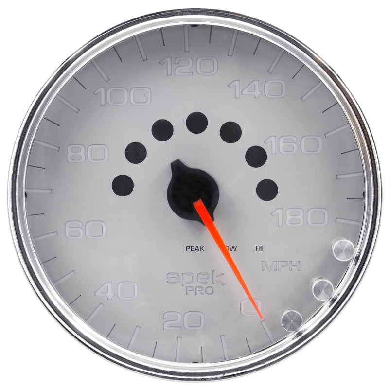 Autometer Spek-Pro Gauge Speedometer 5in 180 Mph Elec. Programmable Silver/Chrome P23021