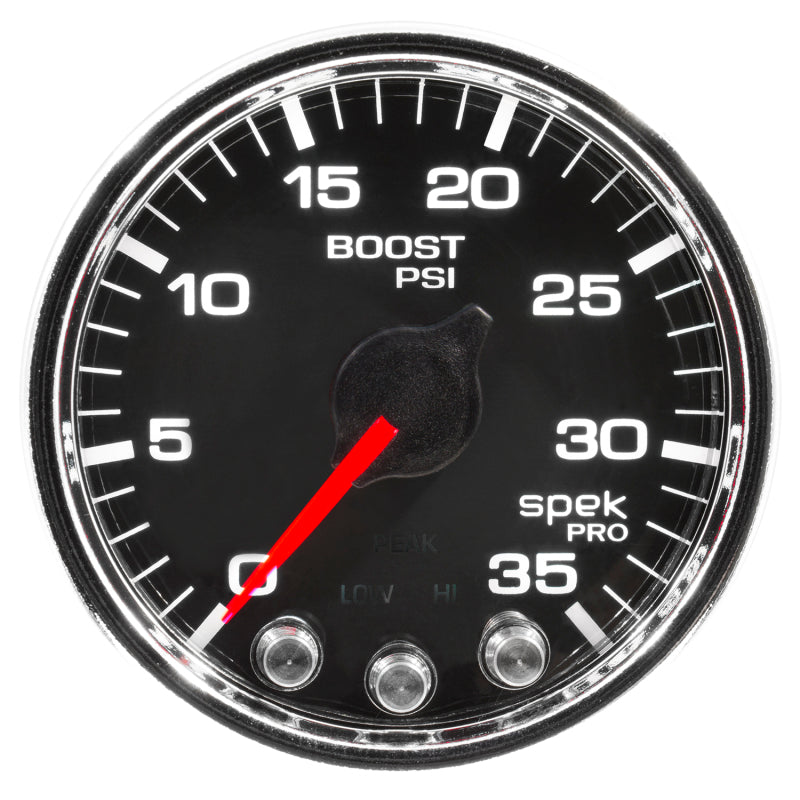 Autometer Spek-Pro Gauge Boost 2 1/16in 35psi Stepper Motor W/Peak & Warn Black/Chrome P30331