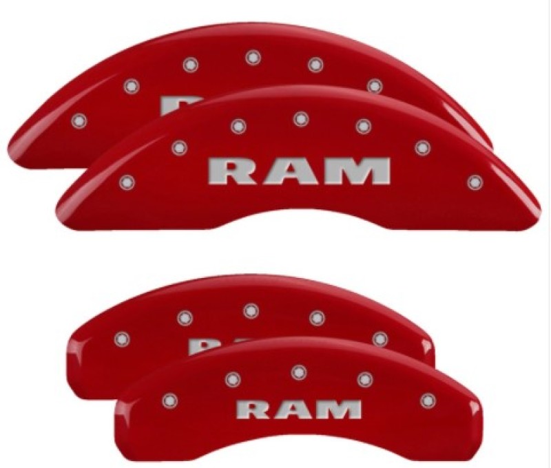 MGP 4 Caliper Covers Engraved Front & Rear 2019 Ram 1500 Red Finish Silver RAM Logo 55006SRAMRD