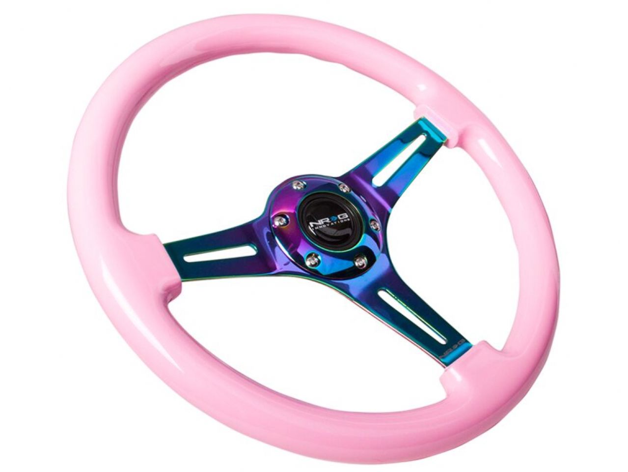 NRG Wood Wheel - 350mm - Neochrome Spokes - Pink Grip