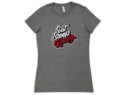 Eat Sleep Race Grey/Red Ladies Retro Script Shirt