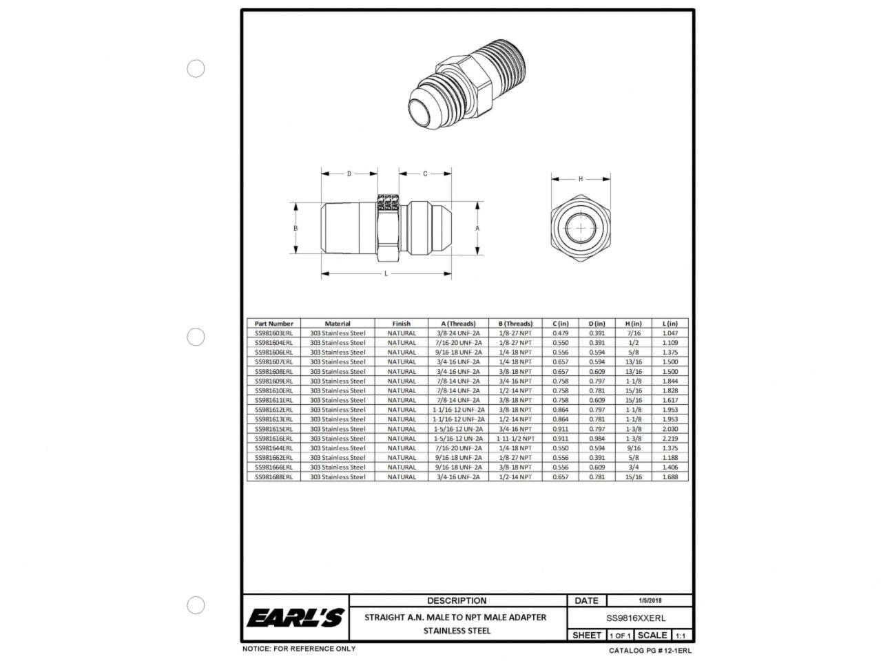 Earl's ST. -3 TO 1/8 NPT ADAPTER STAINLESS STEEL