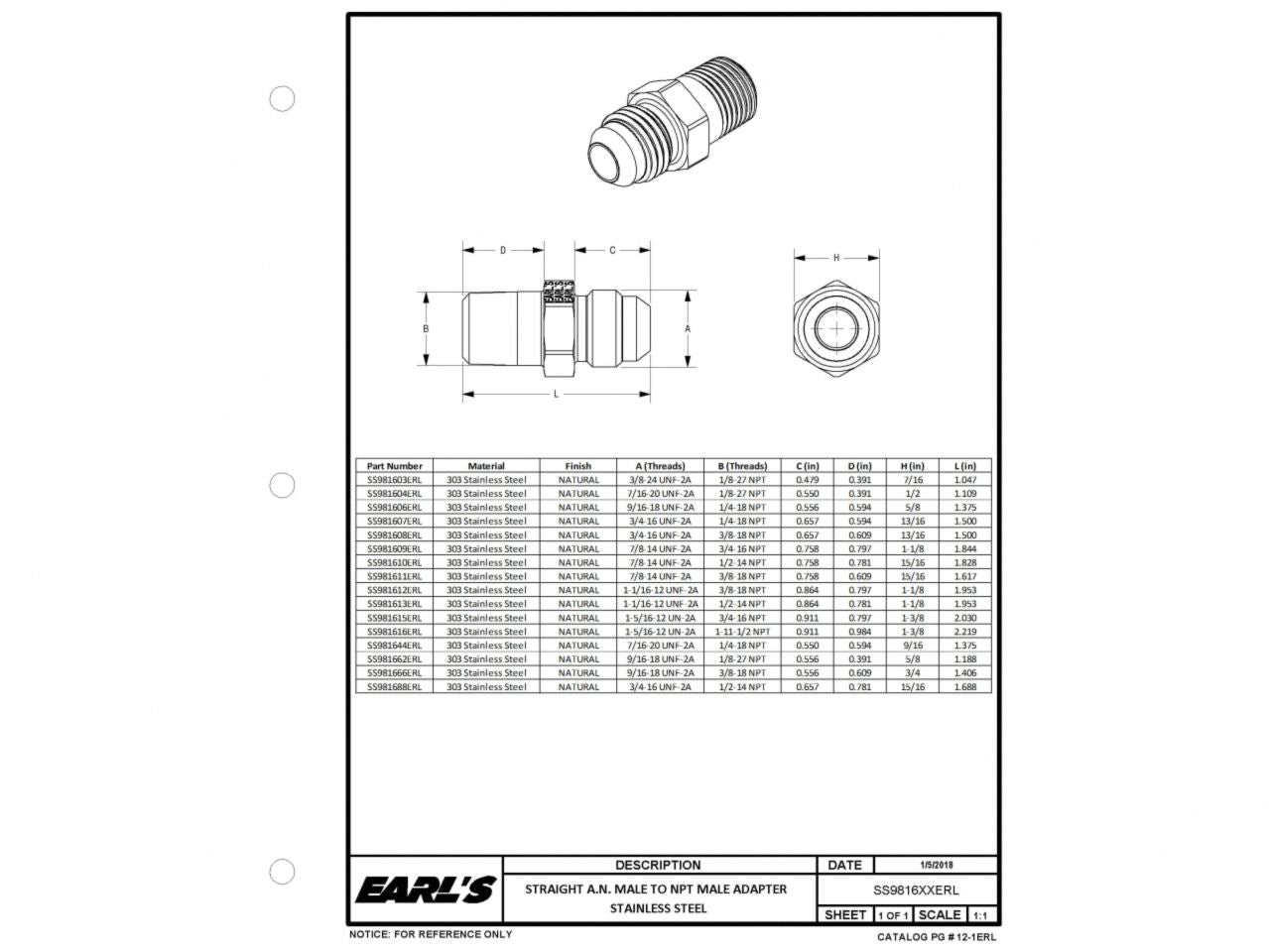 Earl's ST. -6 To 1/4 Npt Adapter Stainless Steel